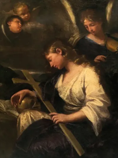 The Penitent Mary Magdalene Accompanied By An Angel Playing A Violin Behind
