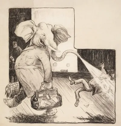 The Republican Party Elephant Blasts A Man Walking Behind Him With Water From His Trunk