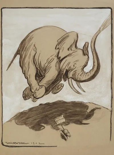 The Republican Party Elephant Jumps On A Mouse Representing Tariff Reform