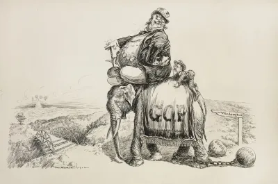 The Republican Party Elephant Struggling To Walk Towards Washington In 1904 With Weights Representing Cuba And High Tariffs Tied To Its Ankles