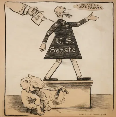 The U S Senate Is Represented As A Mechanical Toy Which Says There Are No Bad Trusts Whenever Played