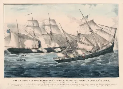 The U S Sloop Of War Kearsarge 7 Guns Sinking The Pirate Alabama 8 Guns Off Cherbourg France Sunday June 19th 1864