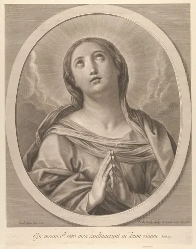 The Virgin In Prayer Looking Up With Clouds Behind Her In An Oval Frame After Reni