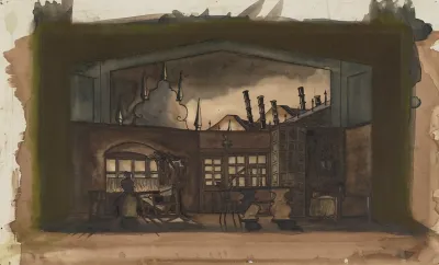 The Weavers Sketch No 7 Weaving Shop And Domestic Interior Against City Rooftops Color