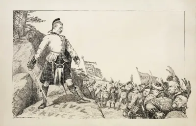 Theodore Roosevelt Defends A Hill Representing The Civil Service From An Army With Flags Reading Spoils And Bosses