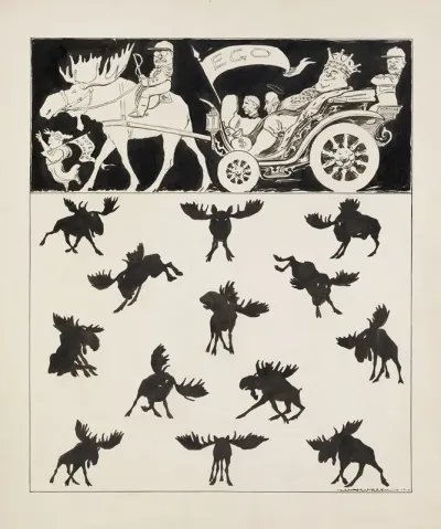 Theodore Roosevelt Riding A Bull Moose That Pulls A Carriage