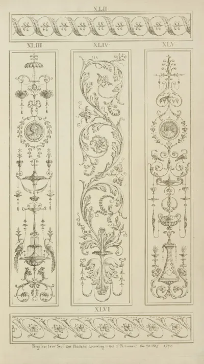 Three Central Vertical Ornamental Designs Of Vegetal Shapes And Leaves