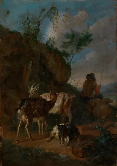 Three Goats And Shepherd With Sheep