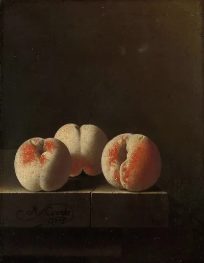 Three Peaches On A Stone Plinth