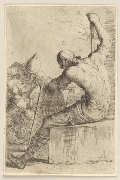 Three Soldiers One Seated And Supporting Himself With A Cane And Shield