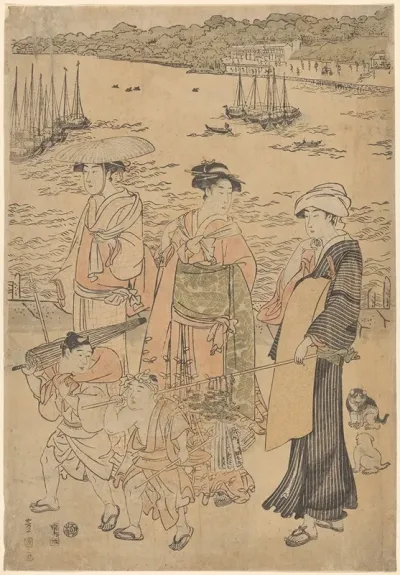 Three Women And Two Children By The Water Ships In Background