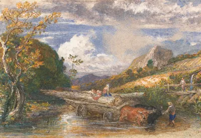 Timber Wagon Crossing A Stream