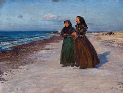 To Fiskerkoner Ved Stranden I Blaesevejr Nordjylland