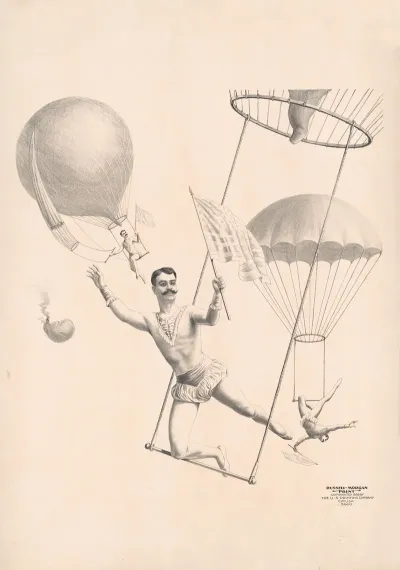 Trapeze Artists Flying From Balloons
