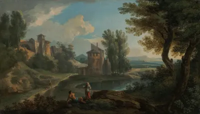 Travellers Resting Beside And Lake