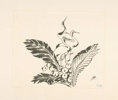 Trois Grues Derriere De Grandes Feuilles