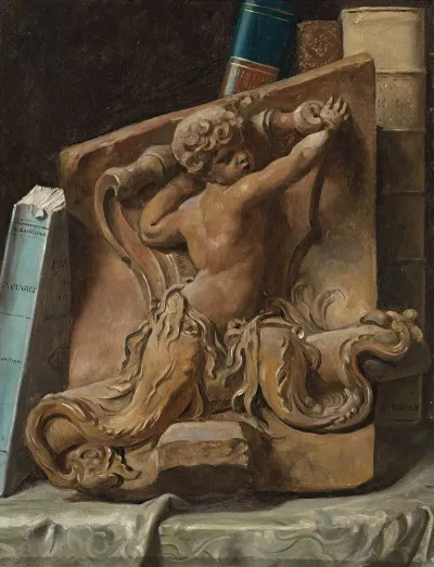 Trompe Loeil Of A Bookshelf With A Terracotta Relief