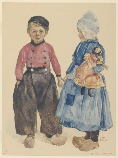 Twee Kinderen In Volendammer Dracht Links Een Jongetje Rechts Een Meisje Met Een Pop In Haar Arm
