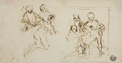 Two Composition Sketches Of Collapsing Figure Supported By Two Other Figures
