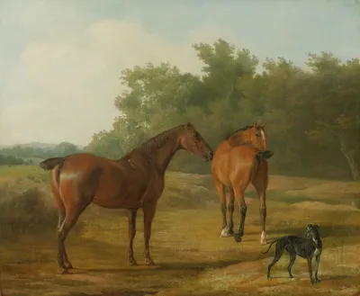 Two Horses And A Greyhound In A Landscape