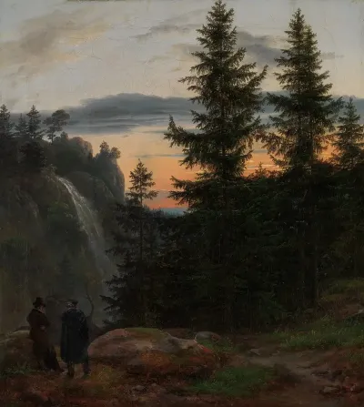 Two Men Before A Waterfall At Sunset