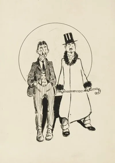 Two Men One In A Three Piece Suit With Striped Pants The Other With A Coat That Has Fur On The Cuffs And Collar A Top Hat And Cane