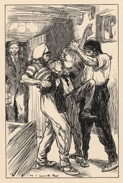 Two Men Putting A Bag Over A Boy Who Is Struggling