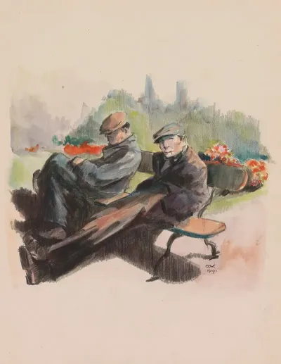 Two Men Sitting On A Bench In A Park