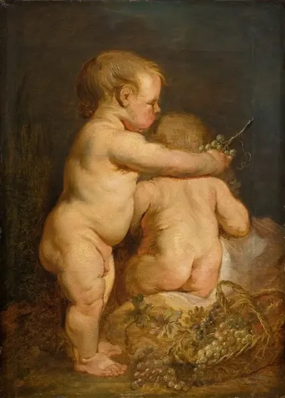 Two Naked Children With Grapes