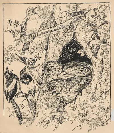 Two Owls Peer Out From A Hollow In A Tree Trunk