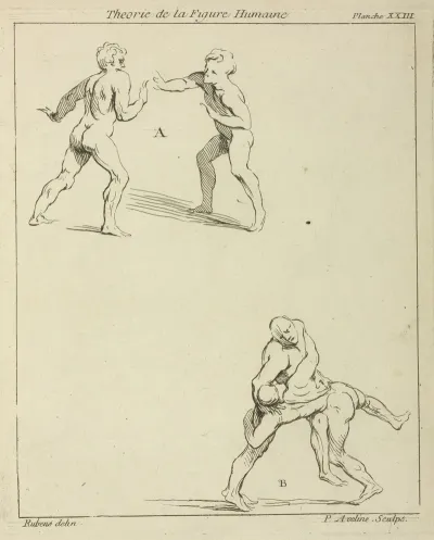 Two Pairs Of Figures One Pair Extending Right Arms Toward Each Other The Other Pair Wrestling