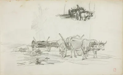 Two Sketches Of Oxen Hauling A Log