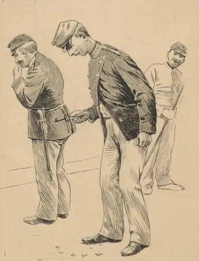 Two Soldiers Are Walking Around Looking For Something On The Ground While A Third One Laughs And Watches