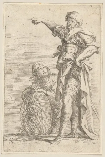 Two Soldiers One Pointing Toward The Left The One Below Holding A Shield