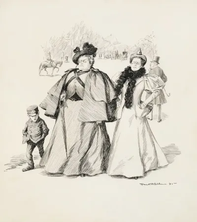 Two Stern Women Walking In A Park With A Young Talkative Boy