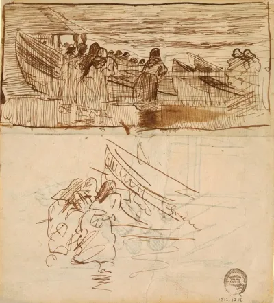 Two Studies Of Women Standing Behind Railing Looking At The Launching Of Dories Cullercoats England