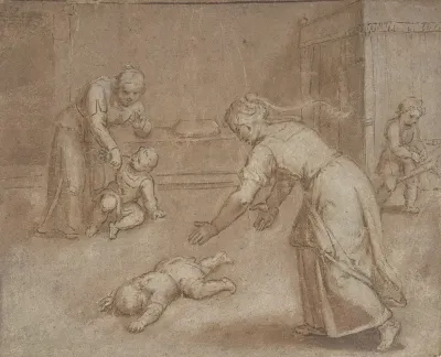 Two Women And Three Children In An Interior