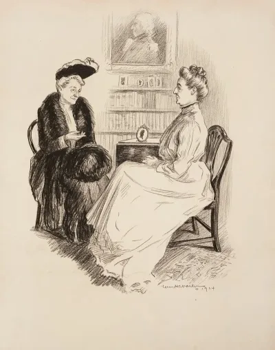 Two Women Sit Talking In A Parlor