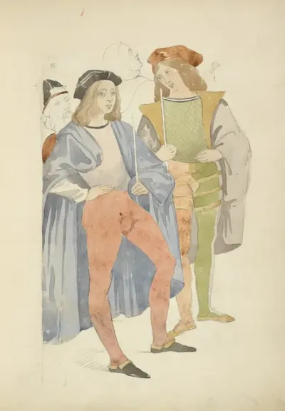 Two Young Men Wearing Hats Cloaks And Tights Carrying Thin Staffs Or Swords Two Figures In Background