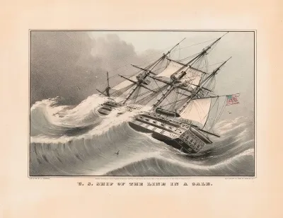 U S Ship Of The Line In A Gale