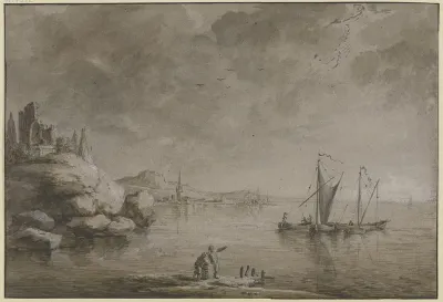 Uferlandschaft Mit Felsen Einer Ruine Und Einem Hafenstadtchen