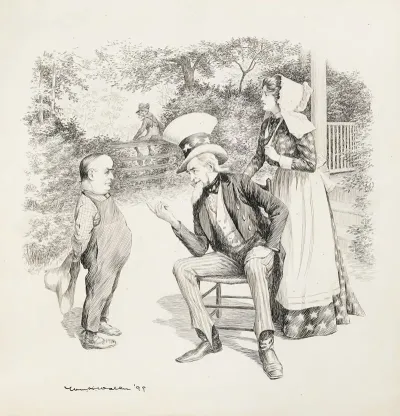 Uncle Sam And Columbia Dressed As A Farmers Wife Talk With A Man Depicted As A Young Boy In Overalls