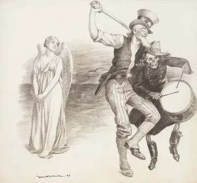 Uncle Sam Dances With A Skeleton In Uniform Representing War While A Female Angel Watches Them And Weeps