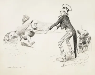 Uncle Sam Holds Out His Arms To William Jennings Bryan To Offer Him A Cow Representing A Second Term