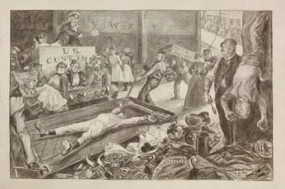 Uncle Sam Presides Over A Court In The U S Customs House Where Women Are Put In Stocks Men Are On The Rack And Their Belongings Seized