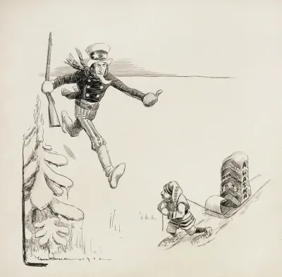Uncle Sam Runs To Stop A Small Man Representing Canada Who Is Moving The 1825 Alaska Boundary Monument