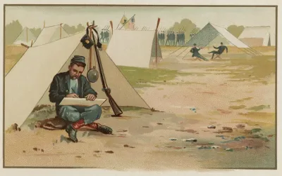 Union Soldier Making A Drawing While Sitting In Front Of Tent At Army Camp