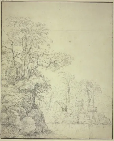 Unter Hohen Baumen Mehrere Hutten Am Wasser Mit Felsigem Ufer