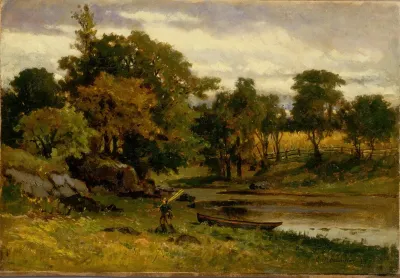 Untitled Landscape Boat Moored Near Stream Man Walking In Foreground
