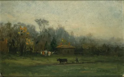 Untitled Landscape With Man Plowing Fields